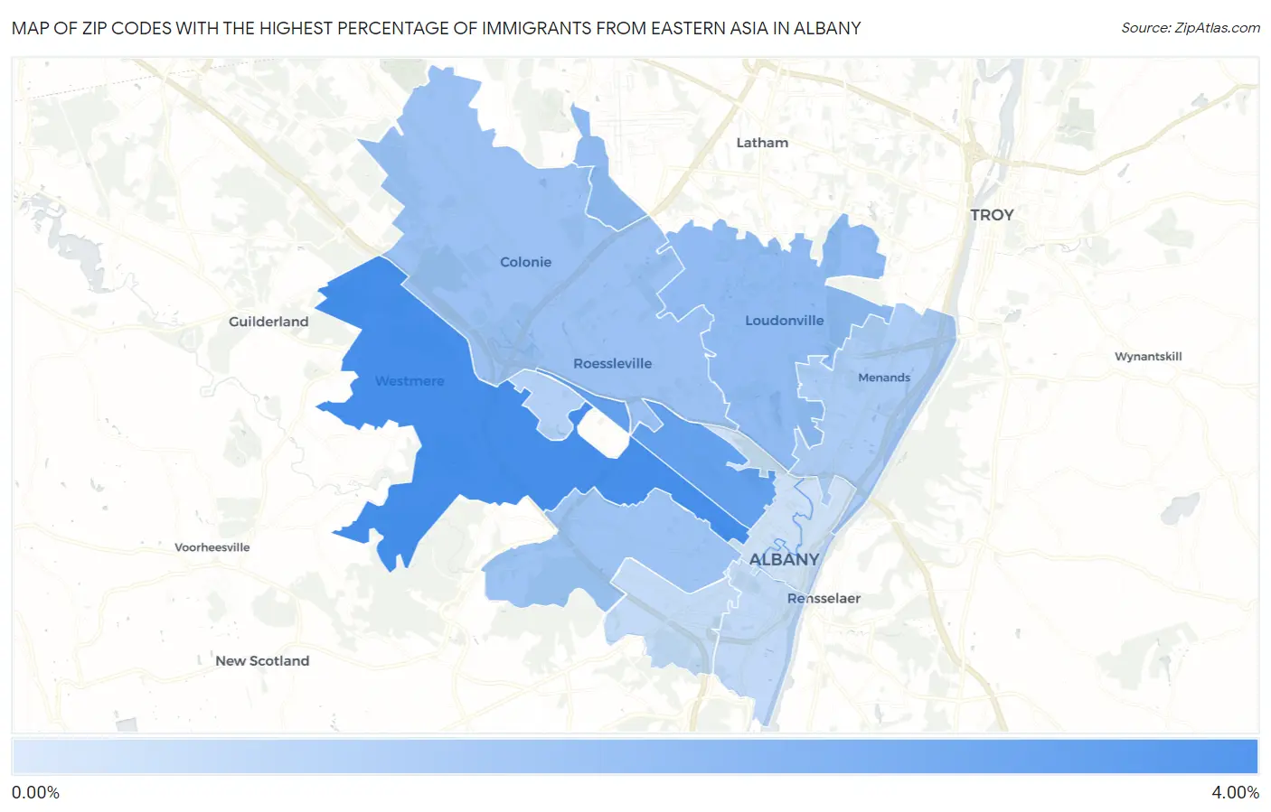 Zip Codes with the Highest Percentage of Immigrants from Eastern Asia in Albany Map