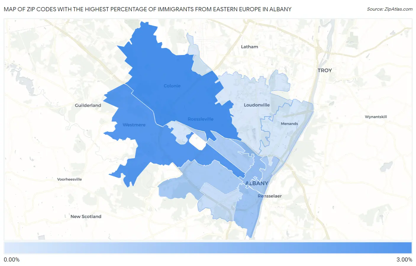 Zip Codes with the Highest Percentage of Immigrants from Eastern Europe in Albany Map