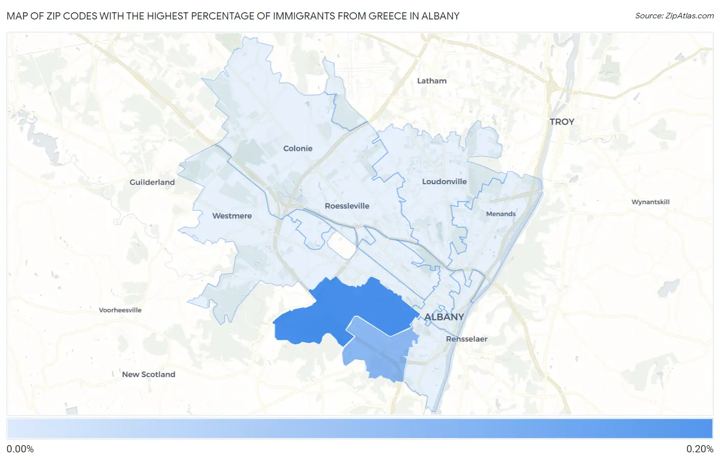 Zip Codes with the Highest Percentage of Immigrants from Greece in Albany Map
