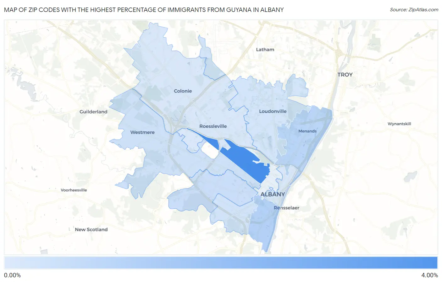 Zip Codes with the Highest Percentage of Immigrants from Guyana in Albany Map