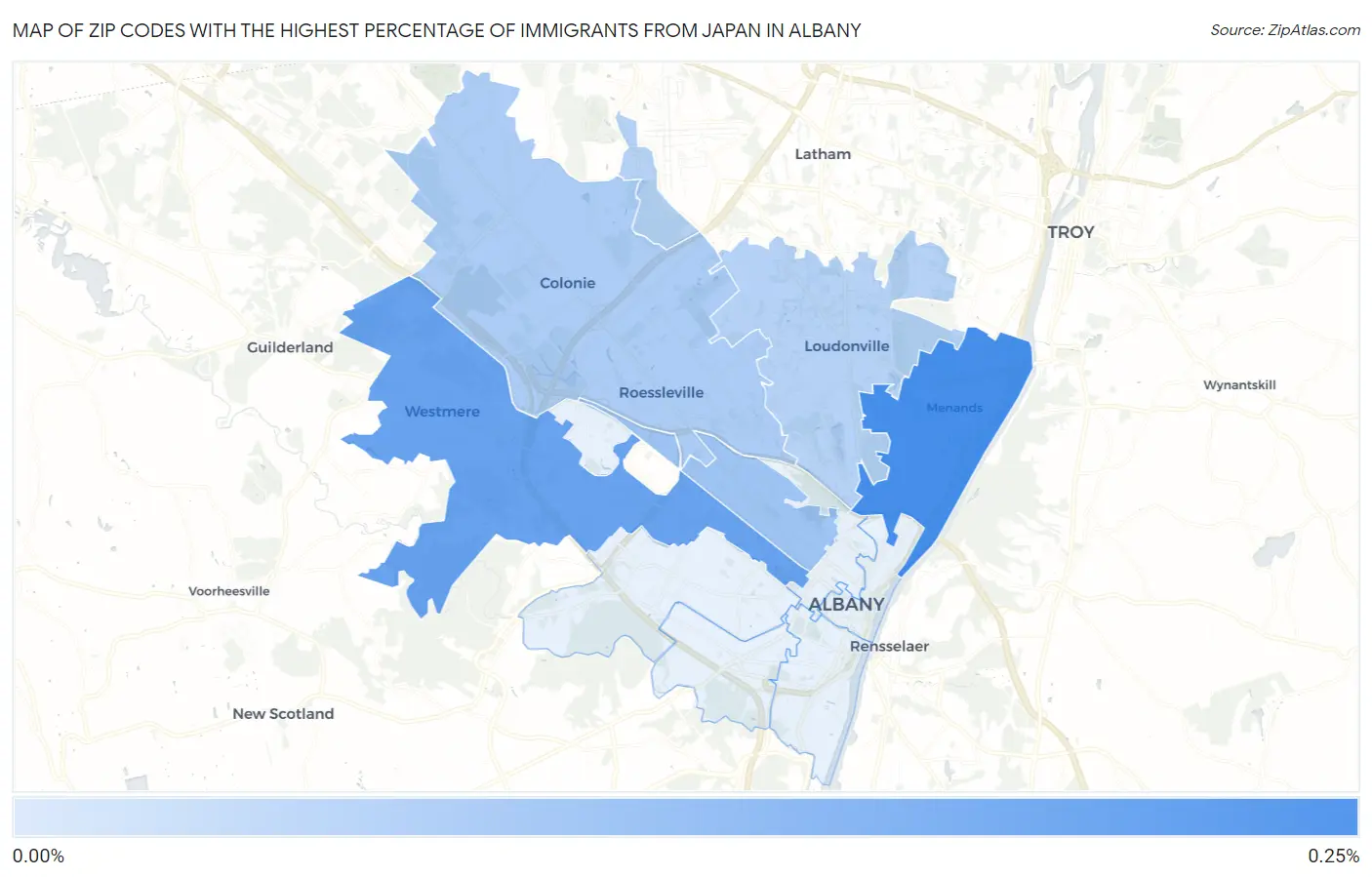 Zip Codes with the Highest Percentage of Immigrants from Japan in Albany Map