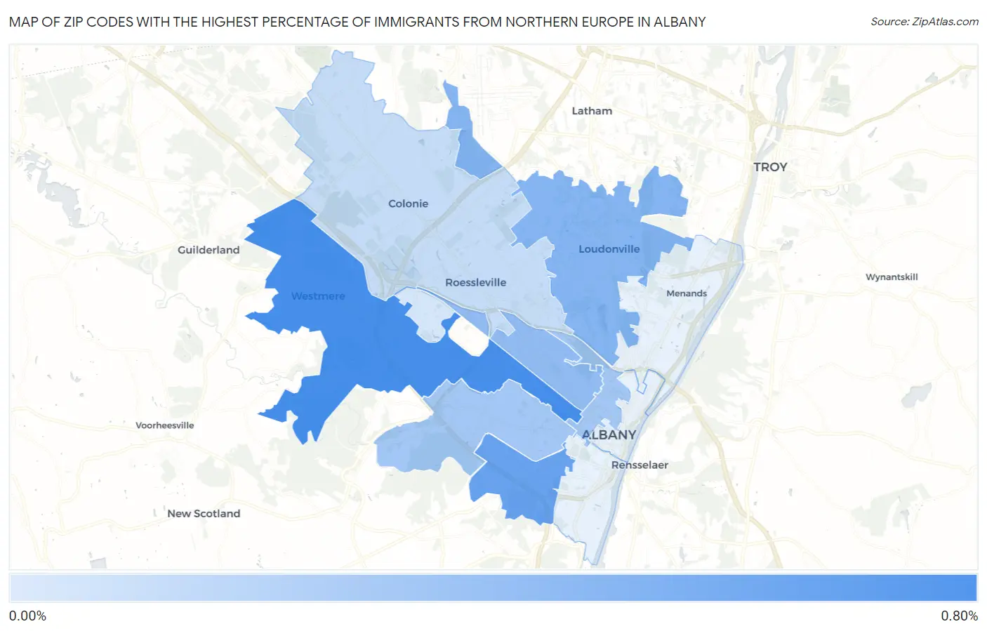 Zip Codes with the Highest Percentage of Immigrants from Northern Europe in Albany Map