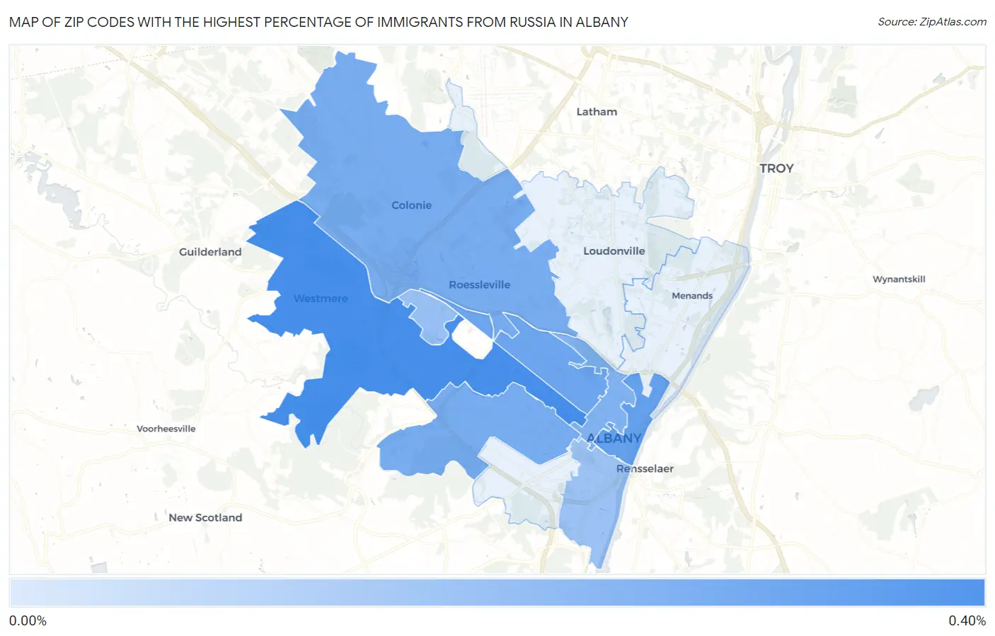 Zip Codes with the Highest Percentage of Immigrants from Russia in Albany Map