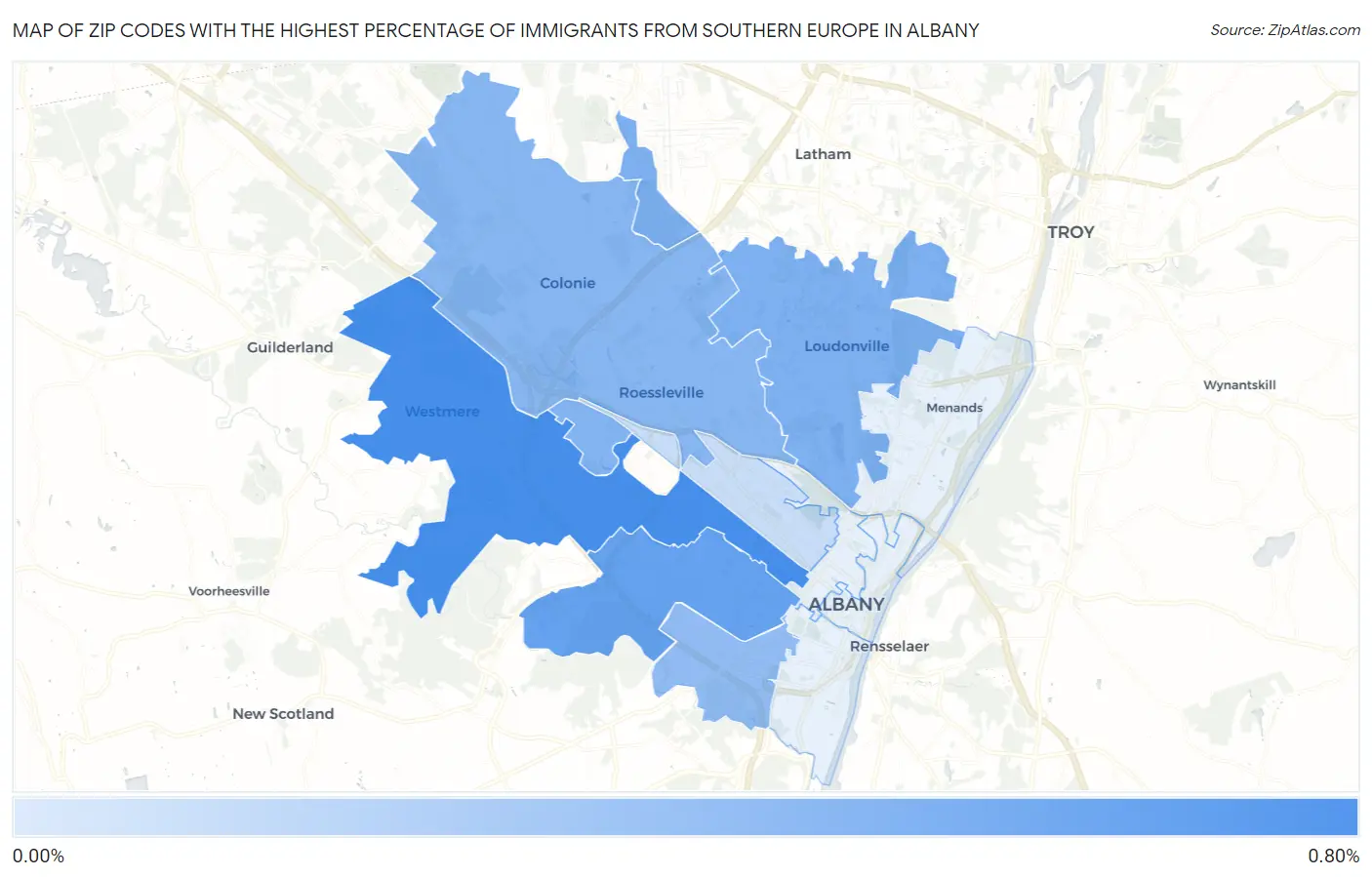 Zip Codes with the Highest Percentage of Immigrants from Southern Europe in Albany Map