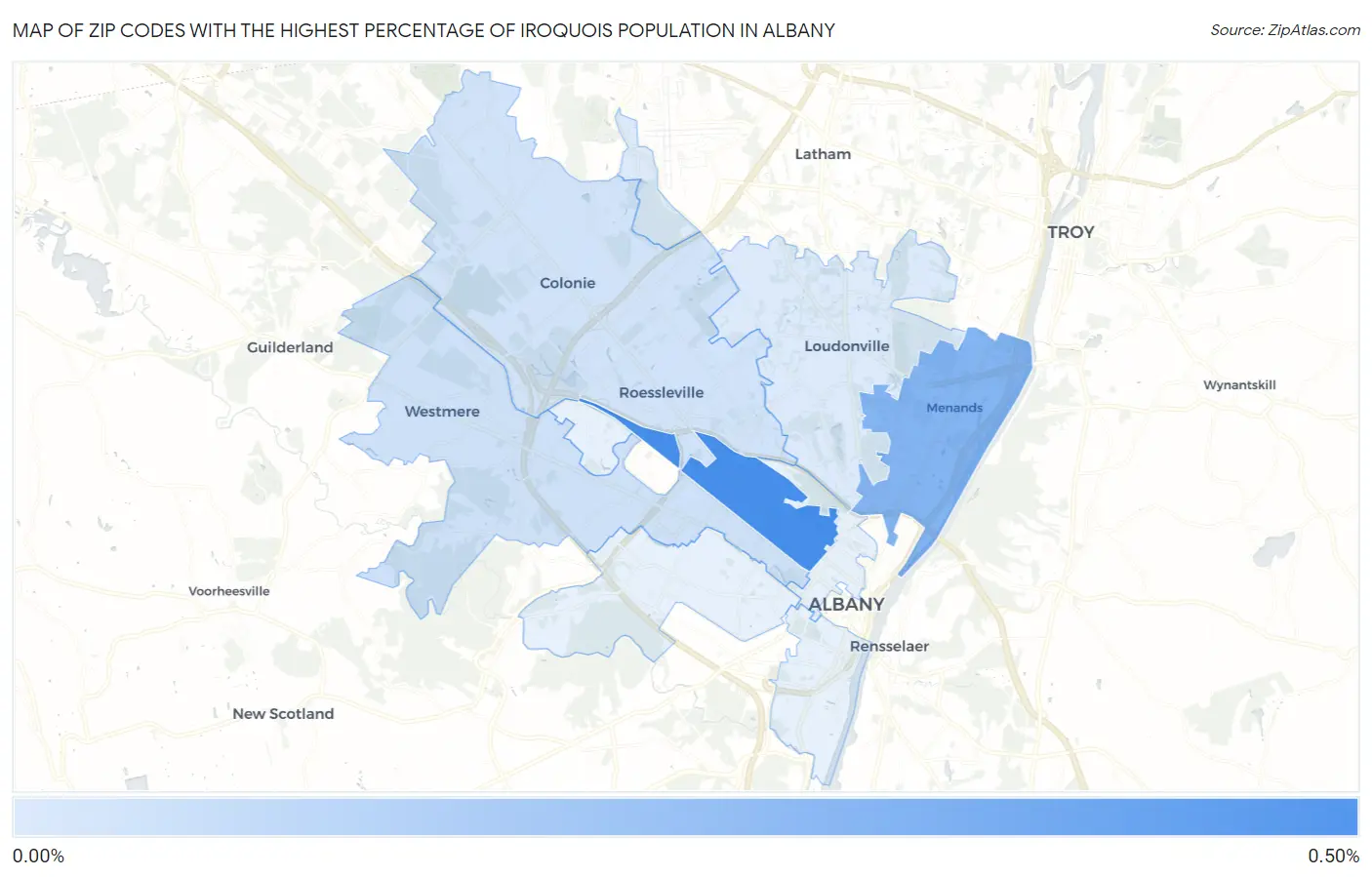 Zip Codes with the Highest Percentage of Iroquois Population in Albany Map