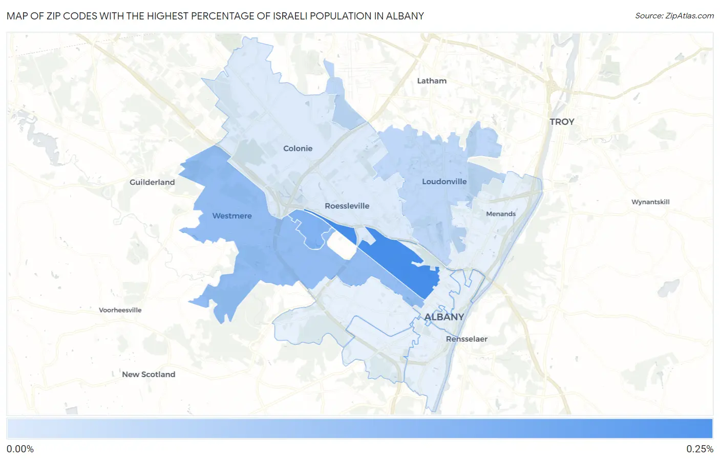 Zip Codes with the Highest Percentage of Israeli Population in Albany Map