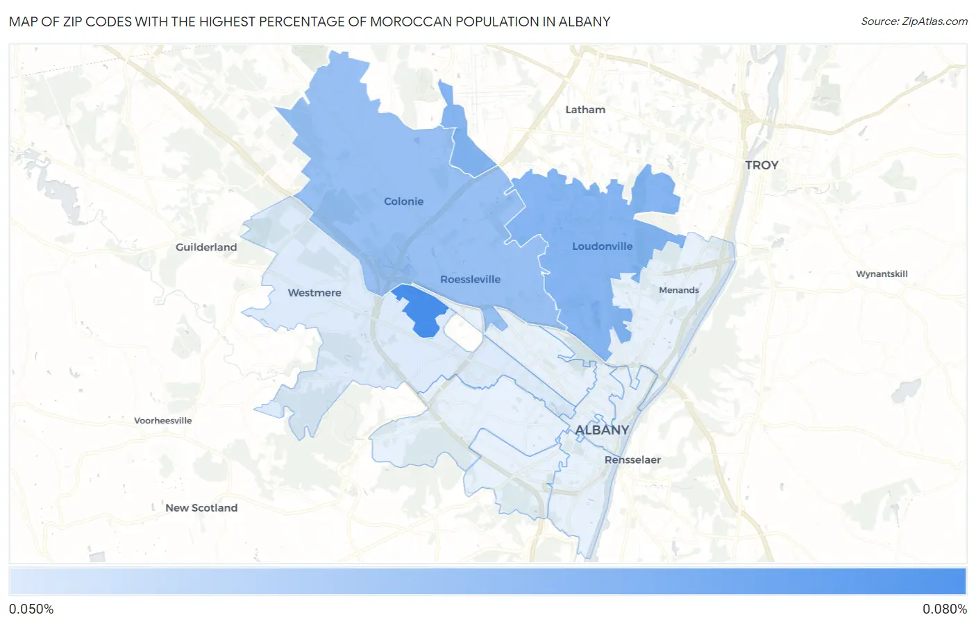 Zip Codes with the Highest Percentage of Moroccan Population in Albany Map