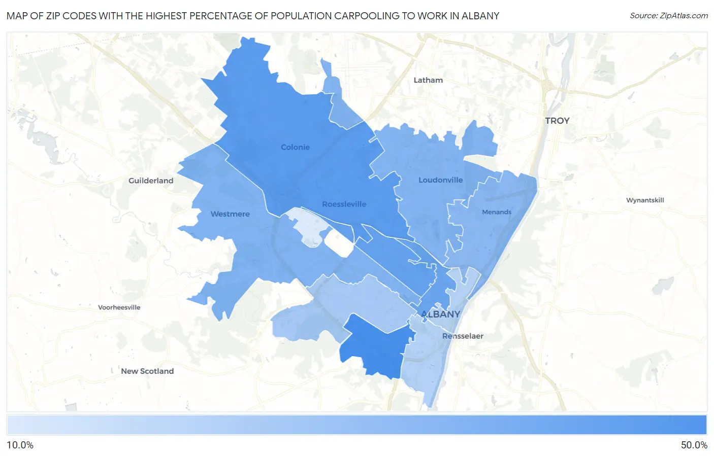 Zip Codes with the Highest Percentage of Population Carpooling to Work in Albany Map