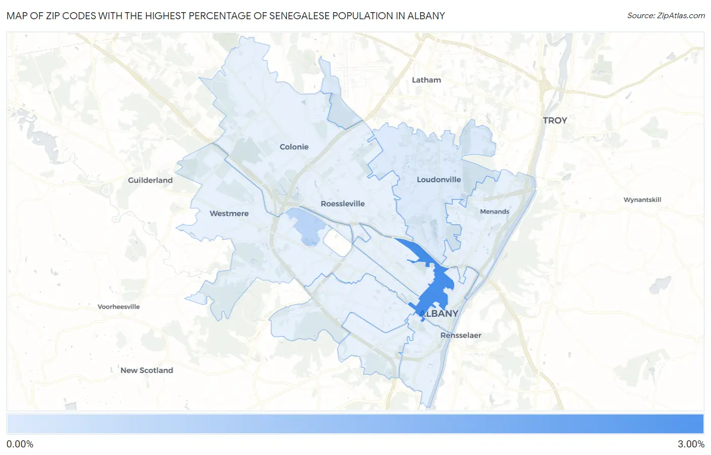 Zip Codes with the Highest Percentage of Senegalese Population in Albany Map