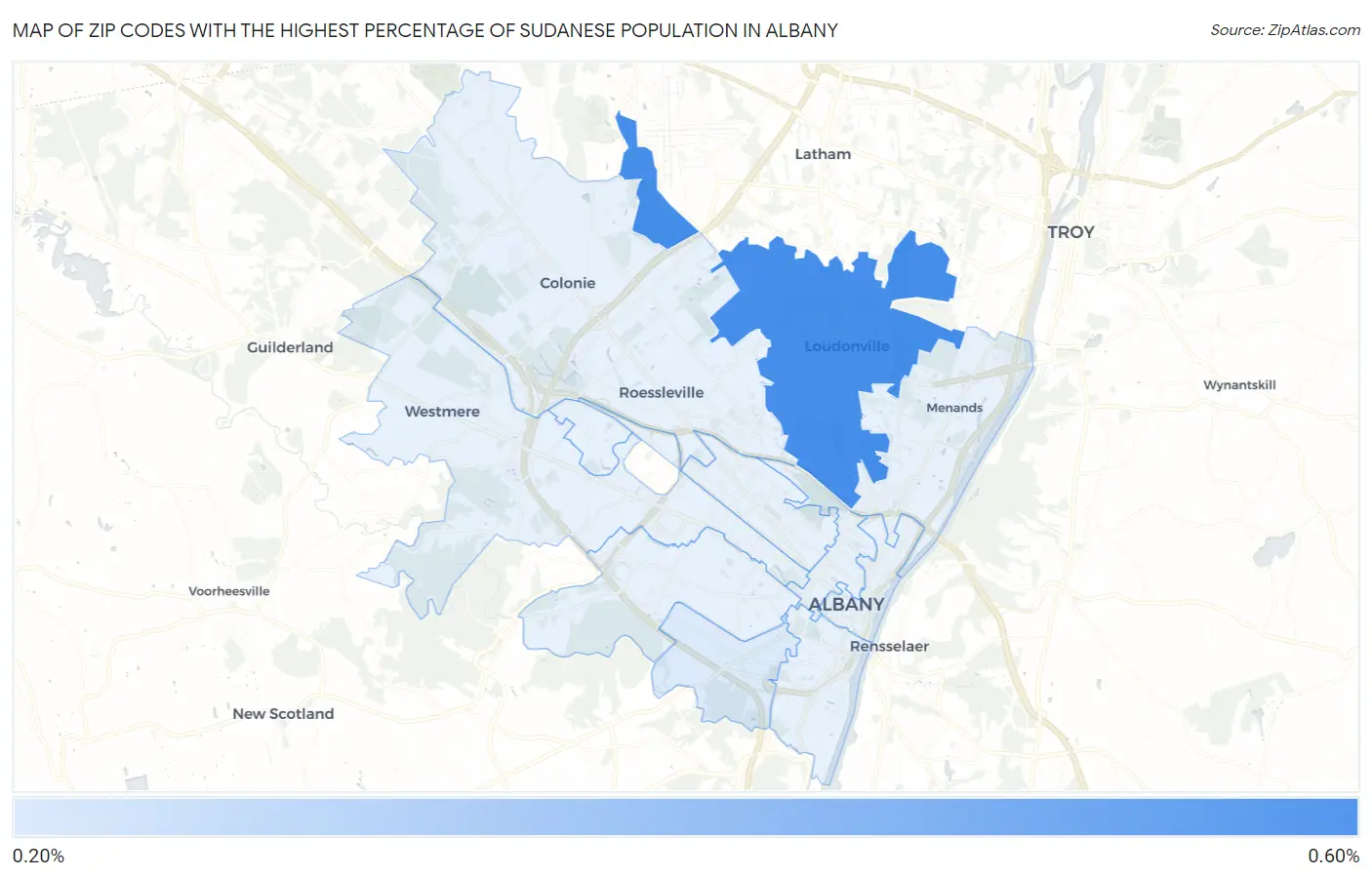 Zip Codes with the Highest Percentage of Sudanese Population in Albany Map