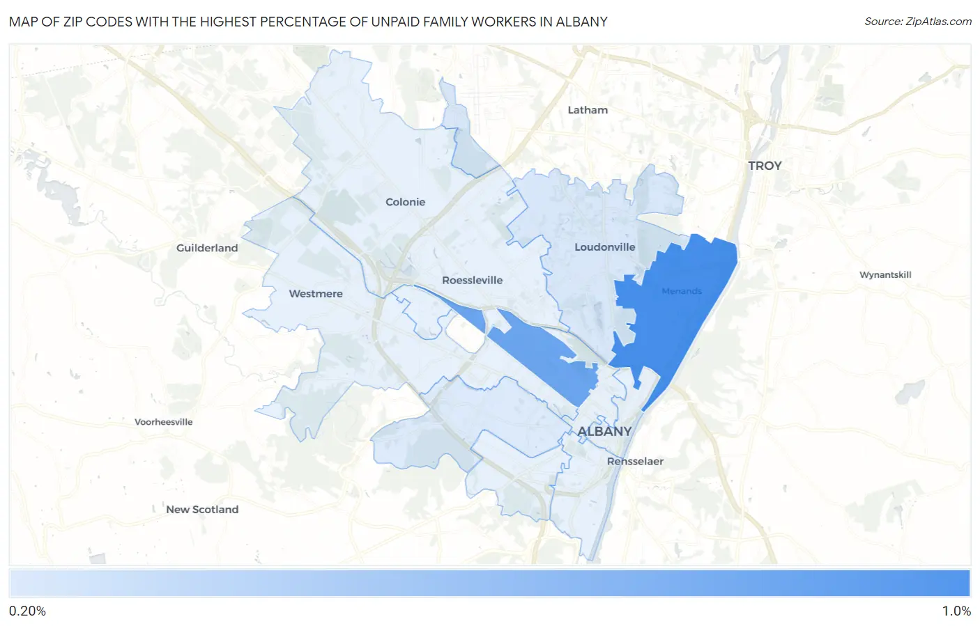 Zip Codes with the Highest Percentage of Unpaid Family Workers in Albany Map