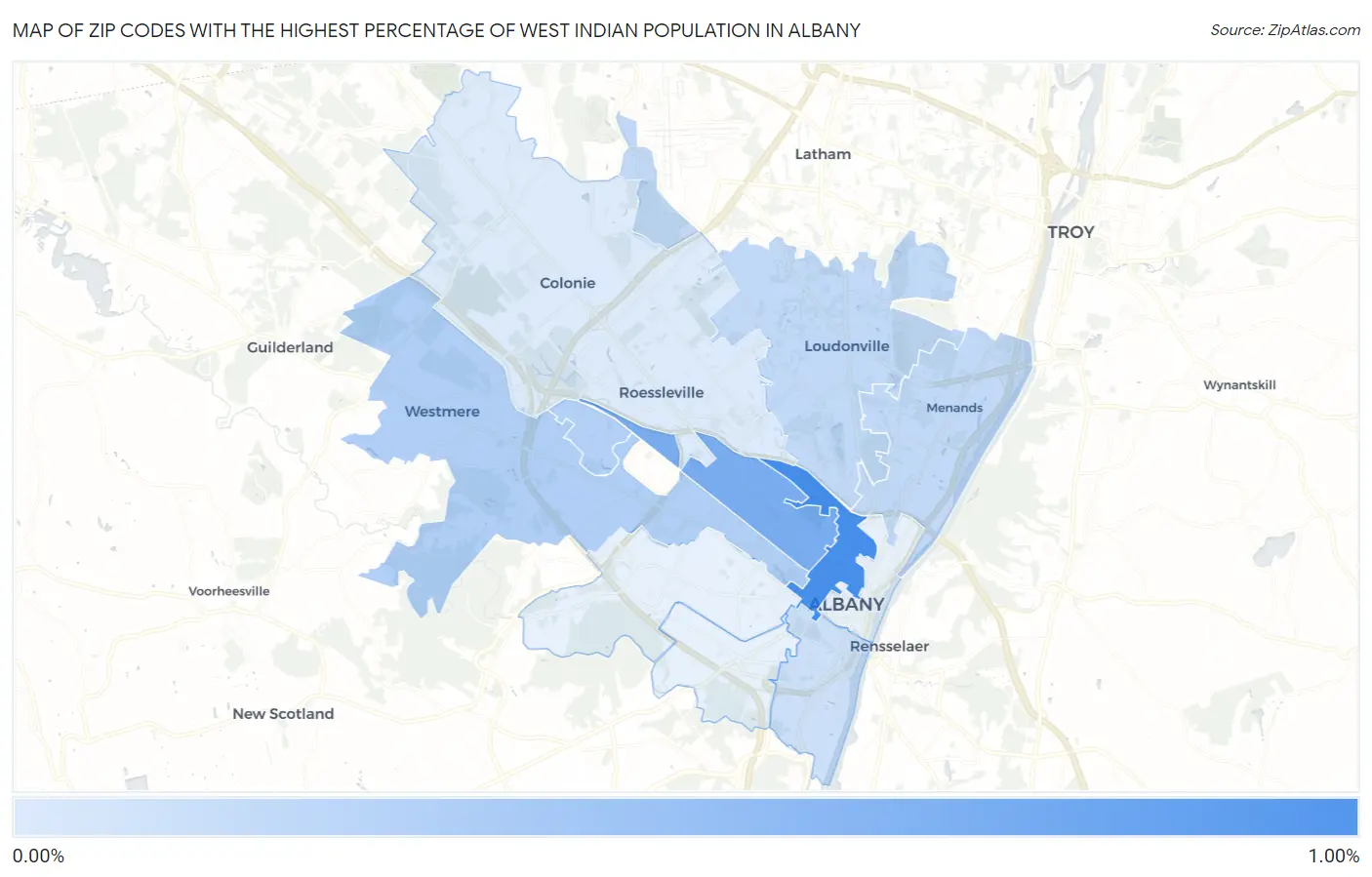 Zip Codes with the Highest Percentage of West Indian Population in Albany Map