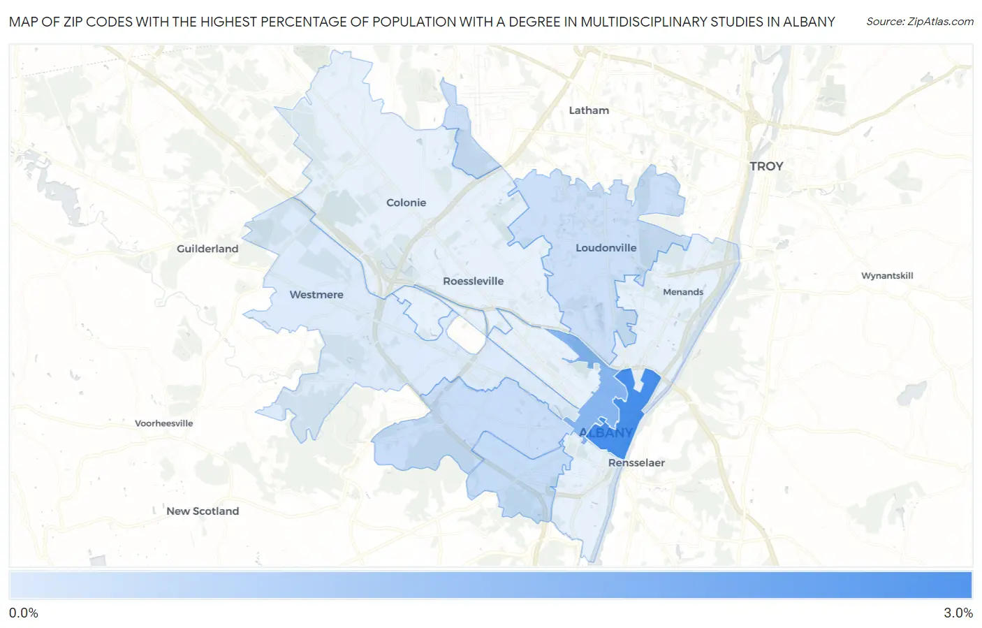 Zip Codes with the Highest Percentage of Population with a Degree in Multidisciplinary Studies in Albany Map