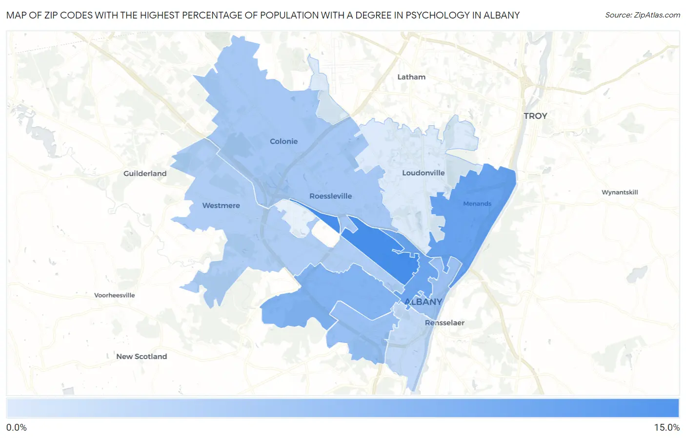 Zip Codes with the Highest Percentage of Population with a Degree in Psychology in Albany Map