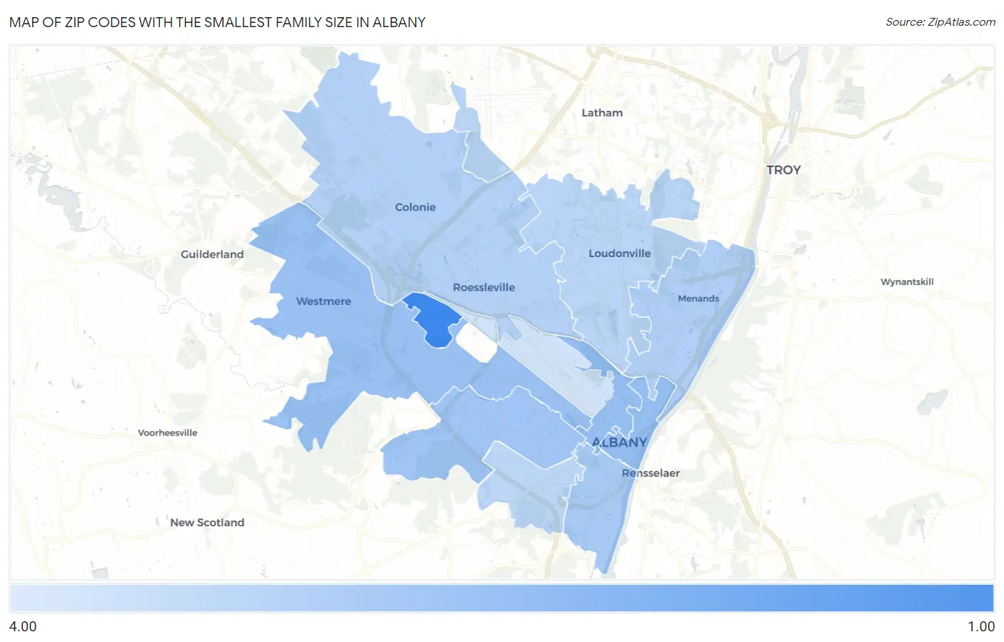 Zip Codes with the Smallest Family Size in Albany Map