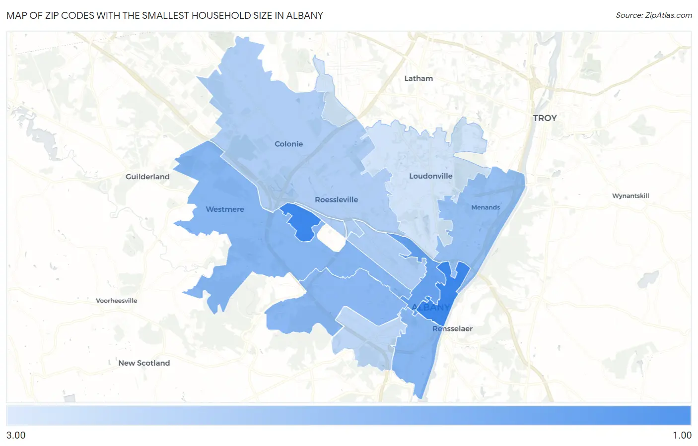 Zip Codes with the Smallest Household Size in Albany Map
