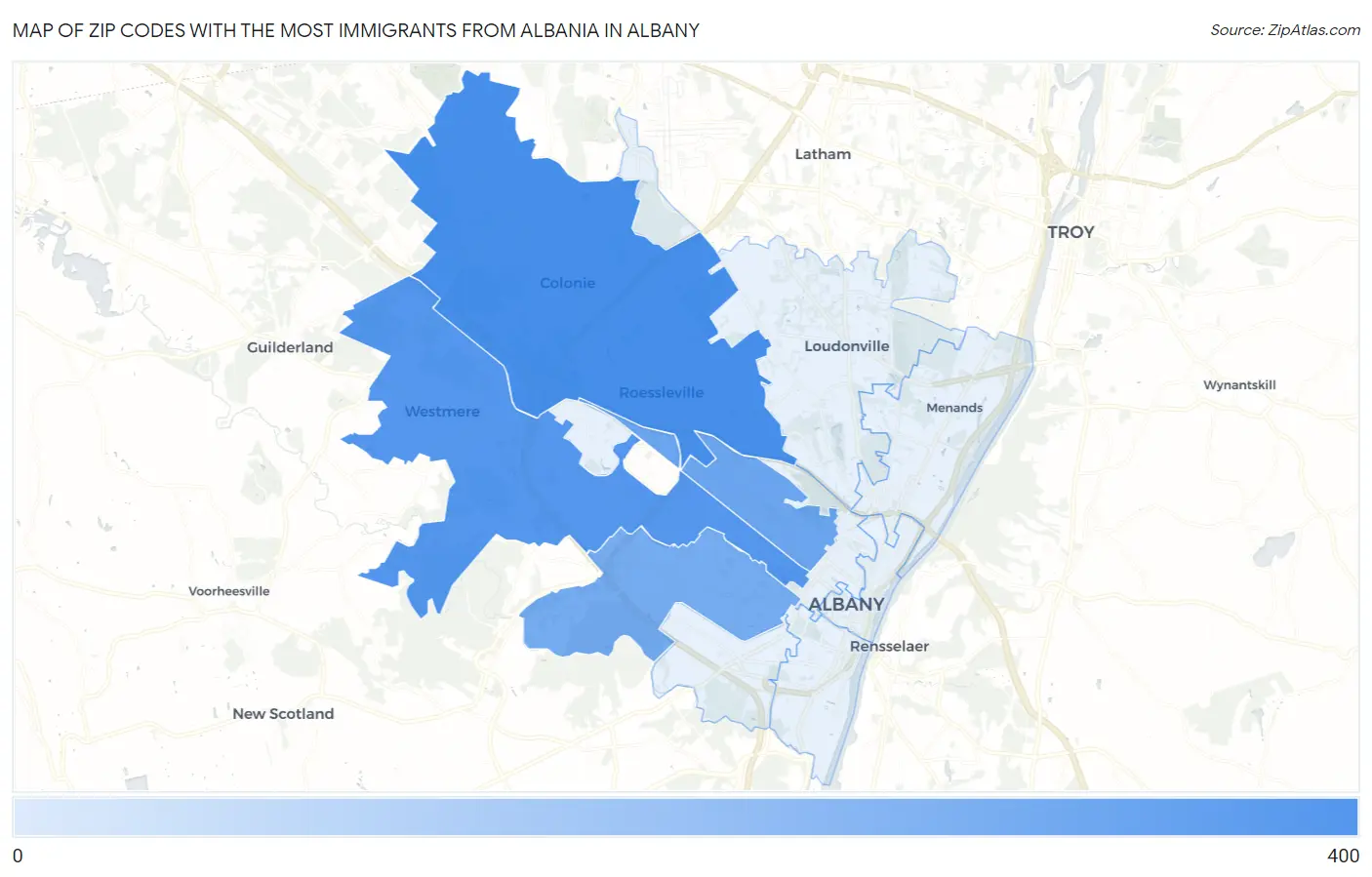 Zip Codes with the Most Immigrants from Albania in Albany Map