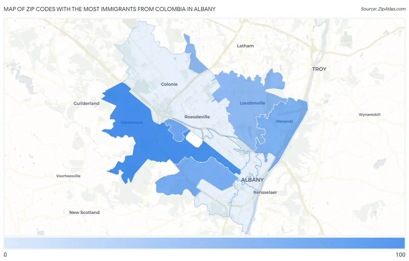 Zip Codes with the Most Immigrants from Colombia in Albany Map
