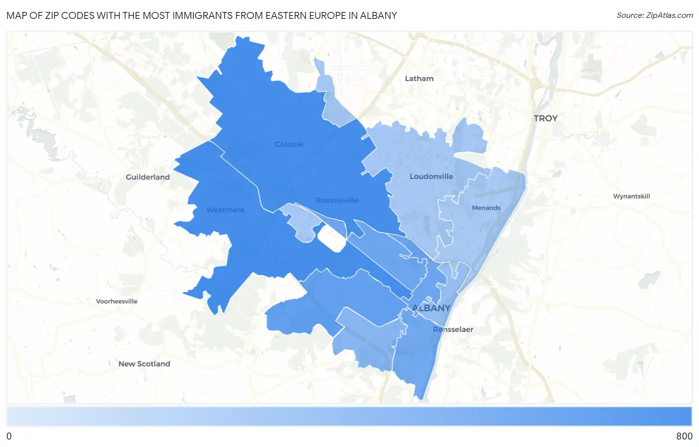 Zip Codes with the Most Immigrants from Eastern Europe in Albany Map