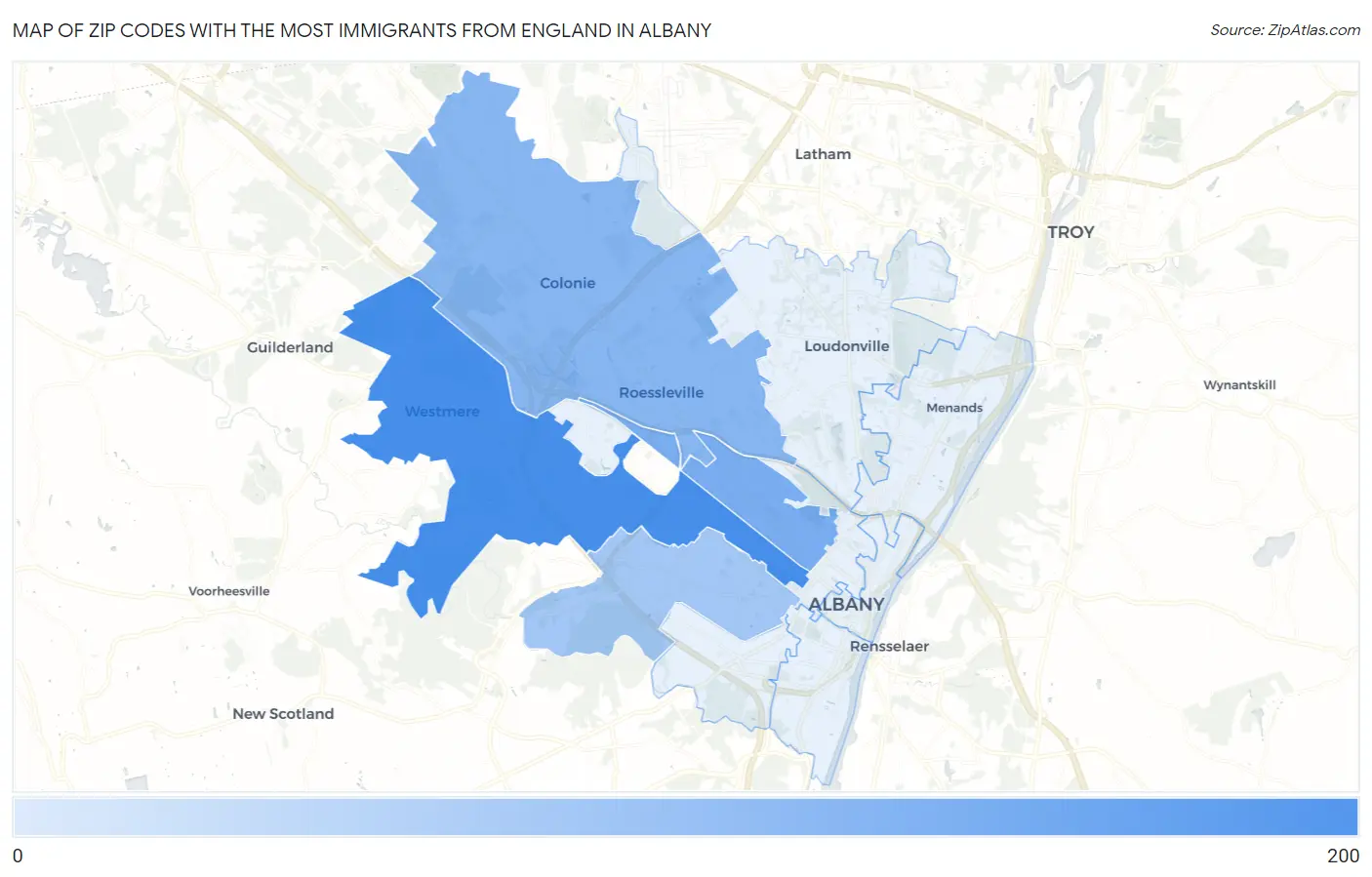 Zip Codes with the Most Immigrants from England in Albany Map