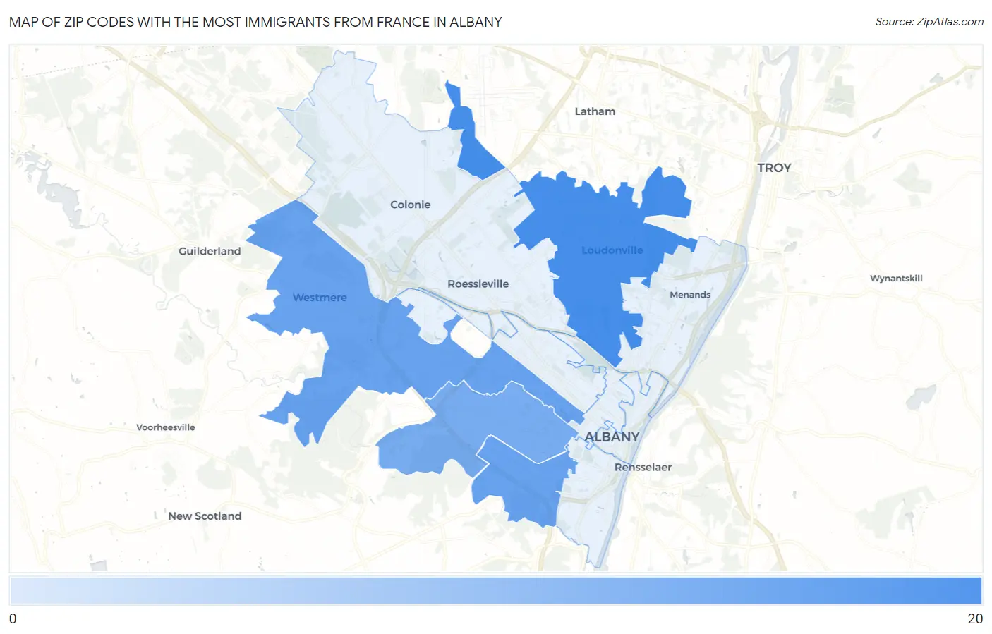 Zip Codes with the Most Immigrants from France in Albany Map