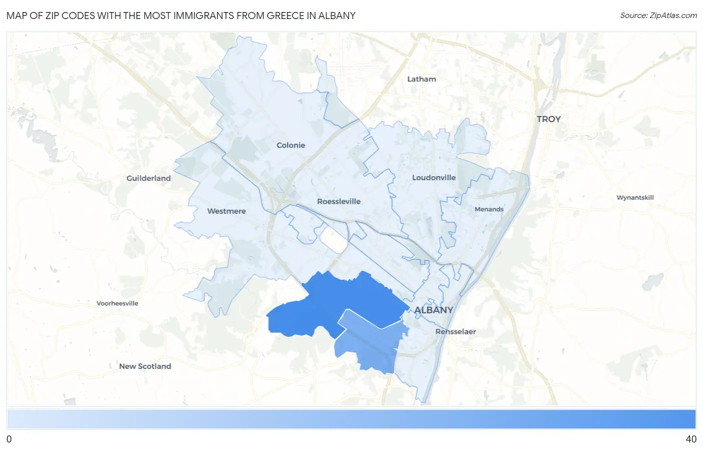 Zip Codes with the Most Immigrants from Greece in Albany Map