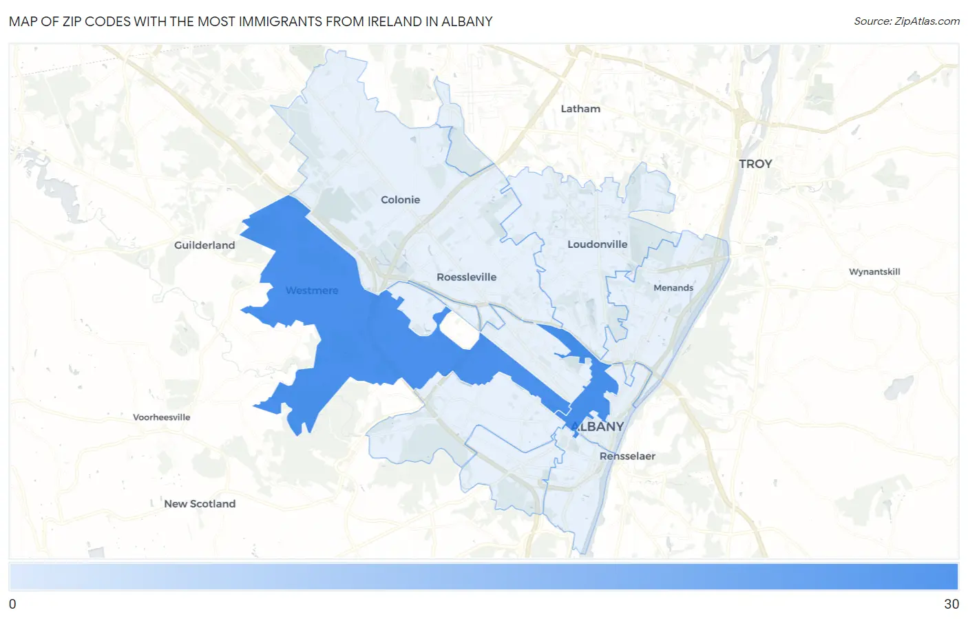 Zip Codes with the Most Immigrants from Ireland in Albany Map