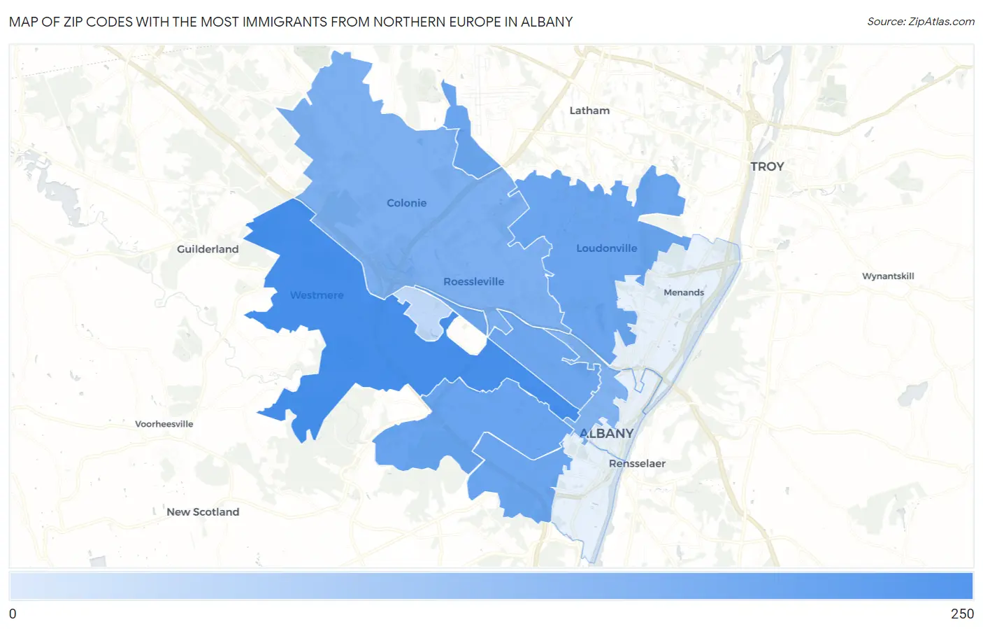 Zip Codes with the Most Immigrants from Northern Europe in Albany Map