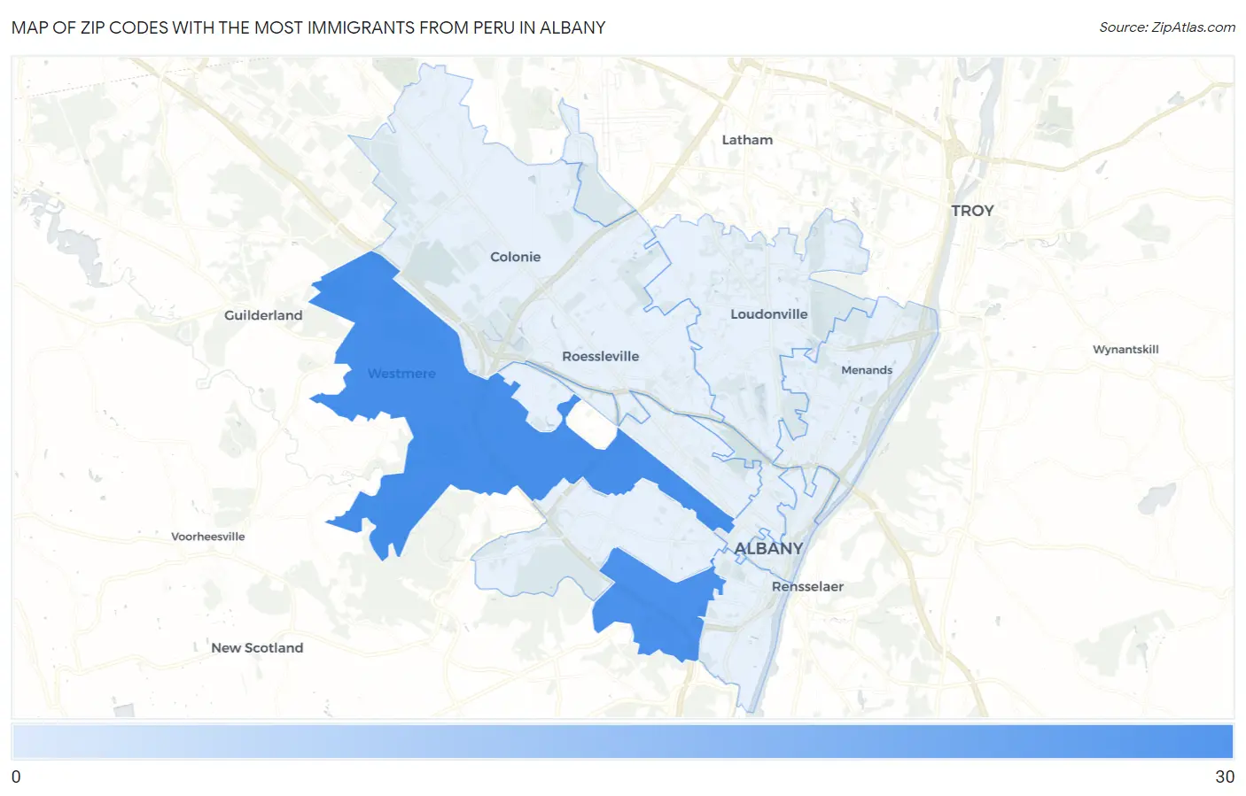 Zip Codes with the Most Immigrants from Peru in Albany Map