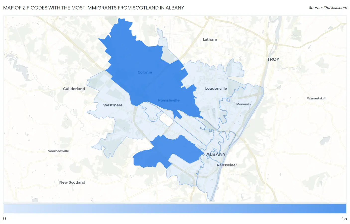 Zip Codes with the Most Immigrants from Scotland in Albany Map