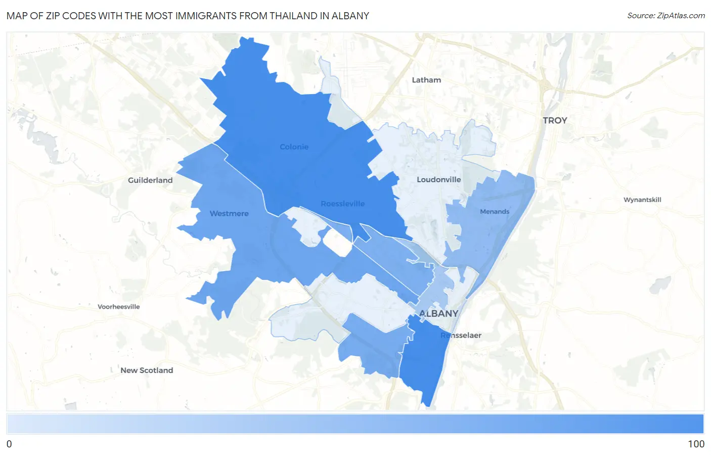 Zip Codes with the Most Immigrants from Thailand in Albany Map
