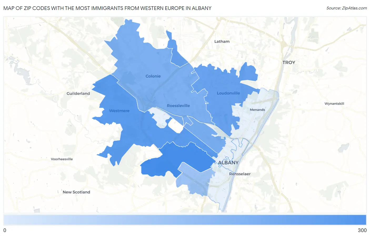 Zip Codes with the Most Immigrants from Western Europe in Albany Map