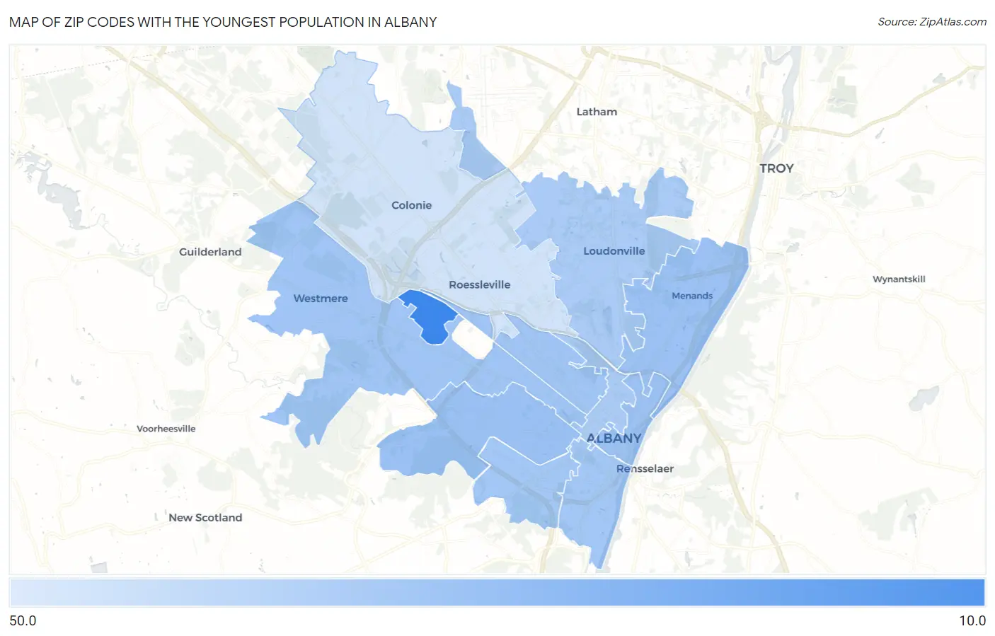 Zip Codes with the Youngest Population in Albany Map