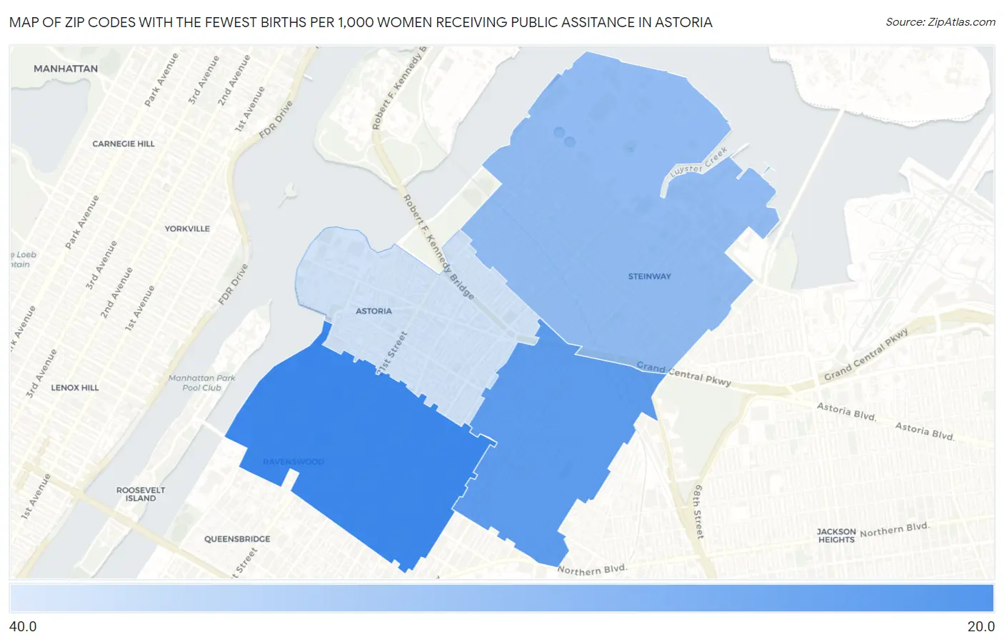 Zip Codes with the Fewest Births per 1,000 Women Receiving Public Assitance in Astoria Map