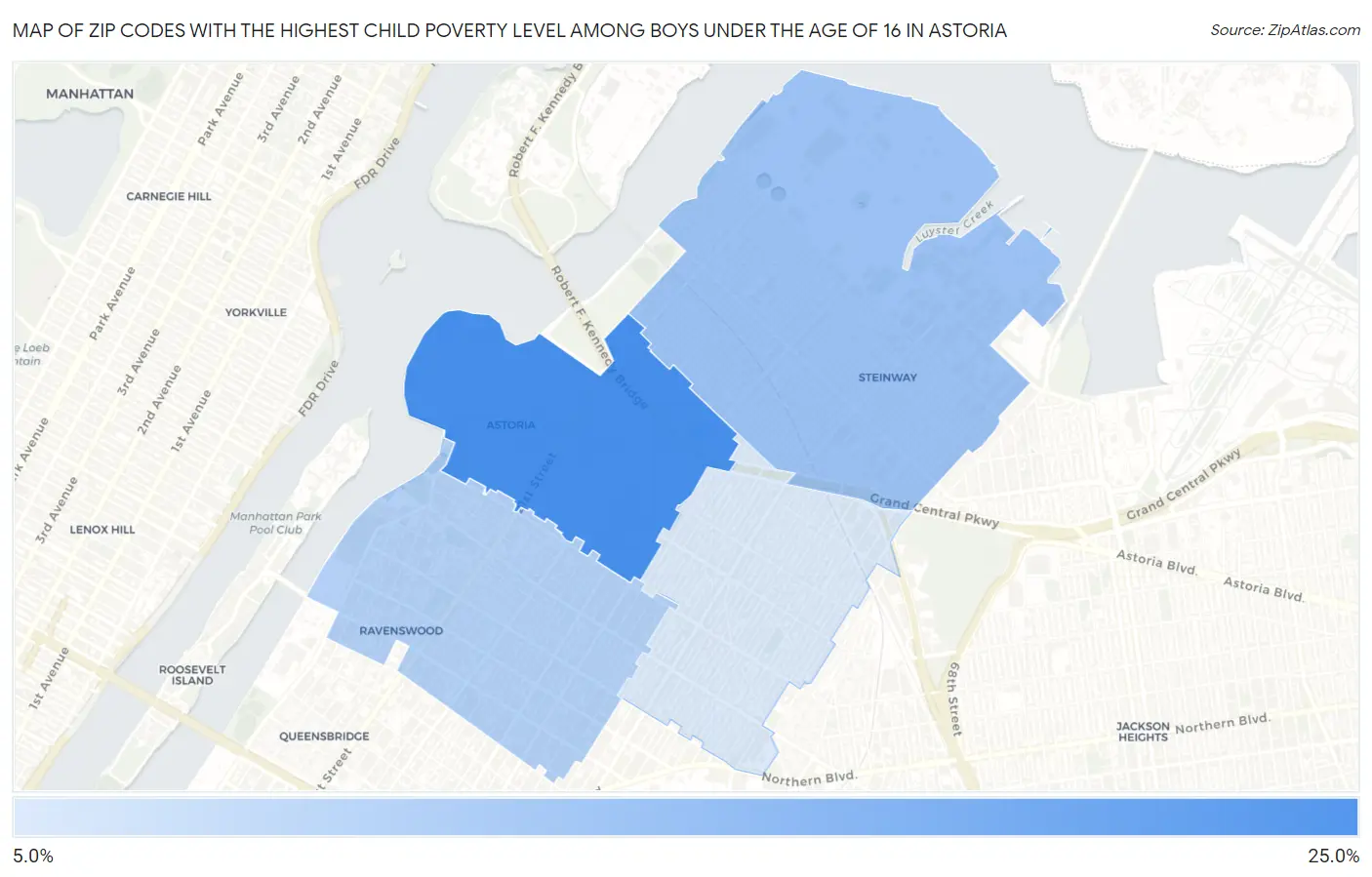 Zip Codes with the Highest Child Poverty Level Among Boys Under the Age of 16 in Astoria Map