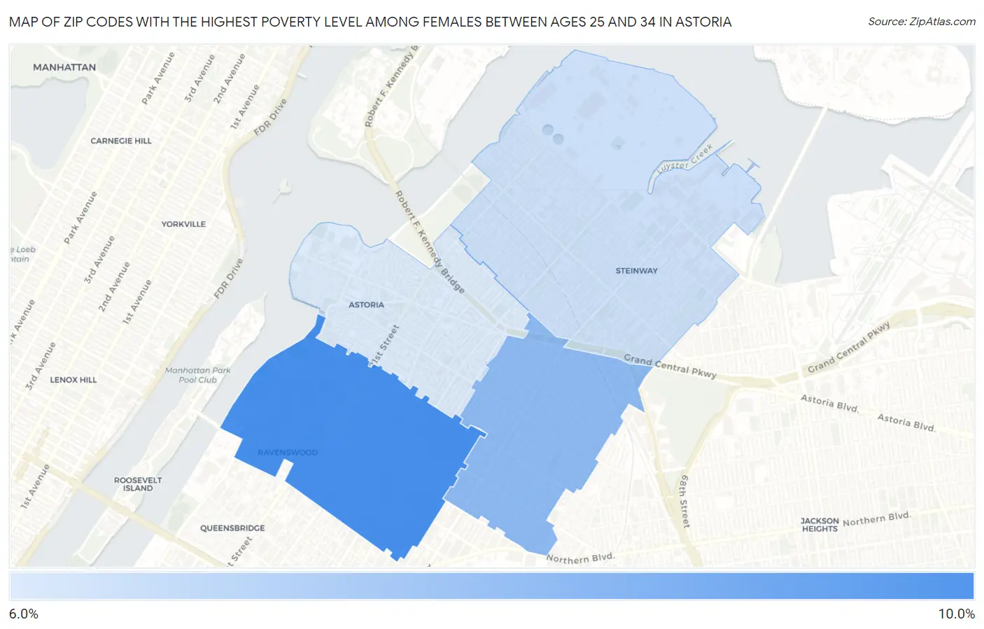 Zip Codes with the Highest Poverty Level Among Females Between Ages 25 and 34 in Astoria Map