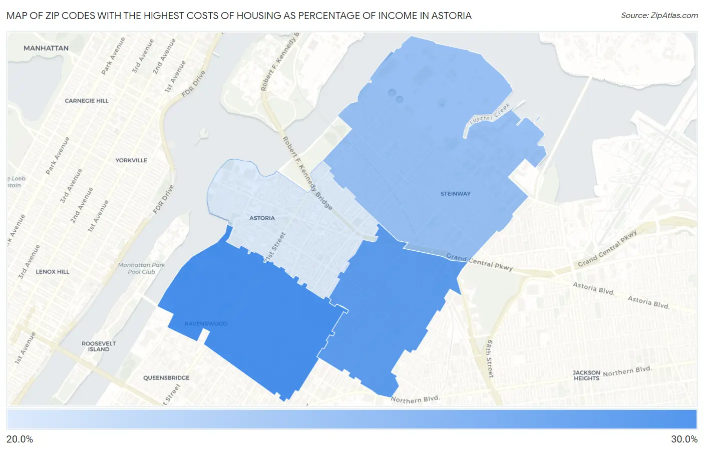 Zip Codes with the Highest Costs of Housing as Percentage of Income in Astoria Map