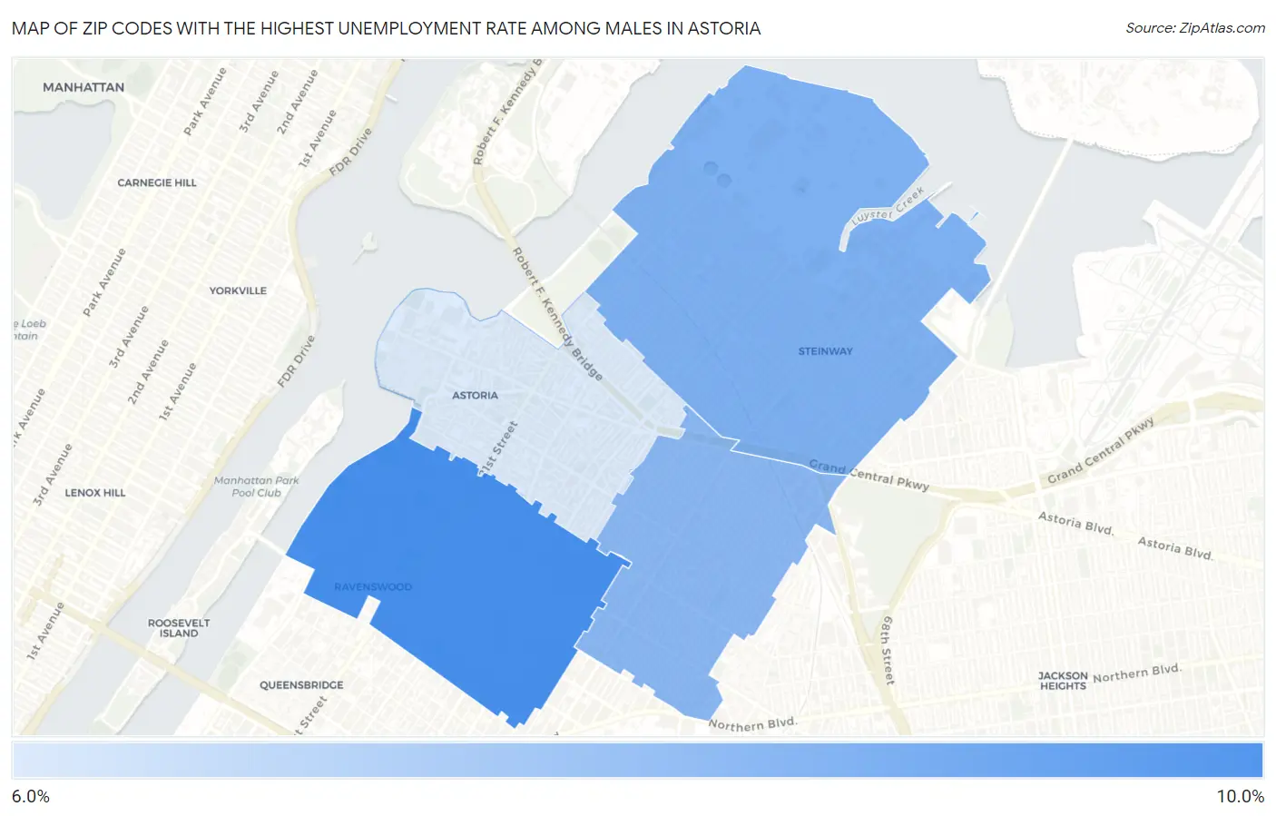 Zip Codes with the Highest Unemployment Rate Among Males in Astoria Map