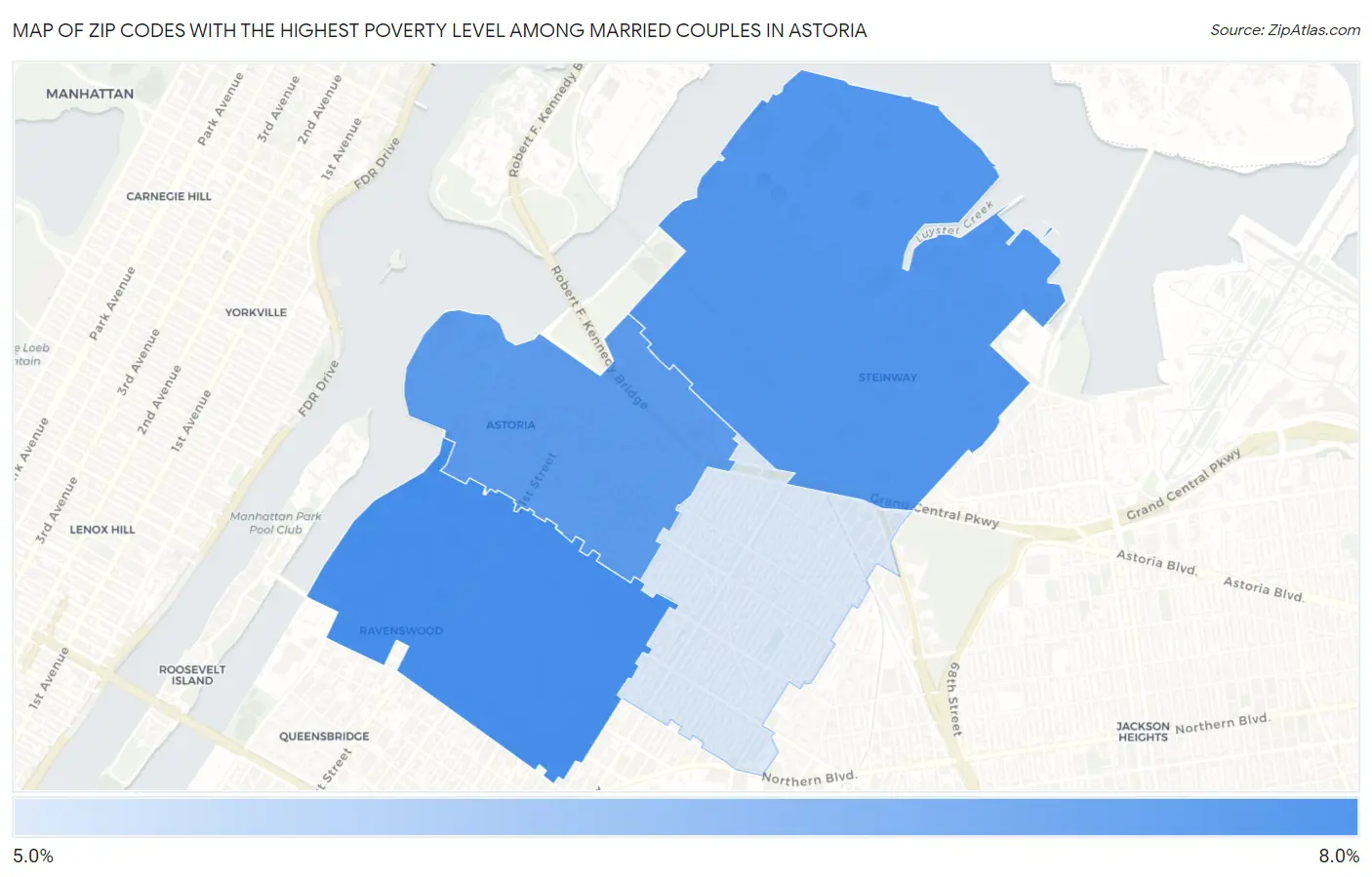 Zip Codes with the Highest Poverty Level Among Married Couples in Astoria Map