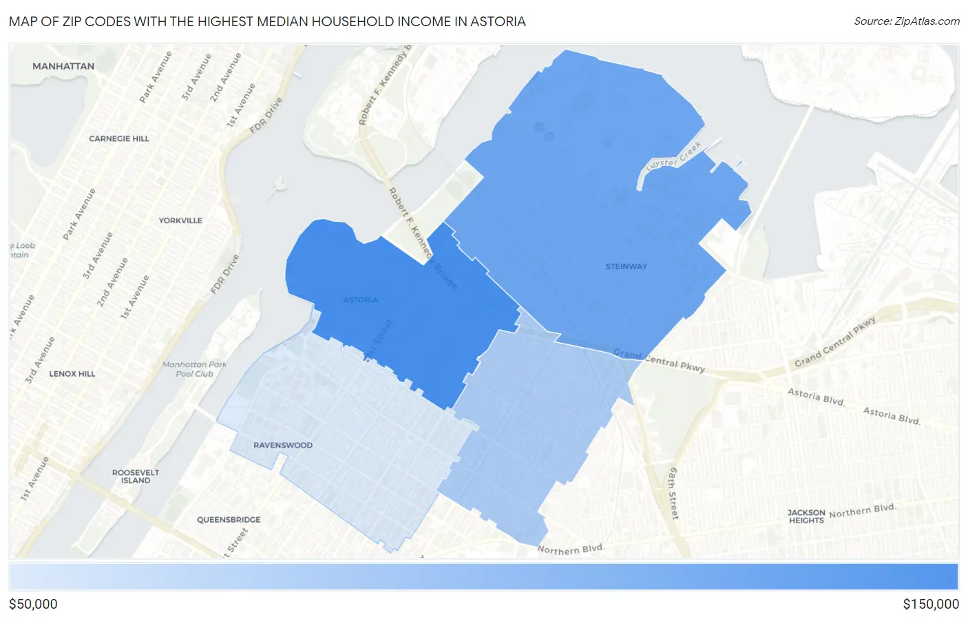 Zip Codes with the Highest Median Household Income in Astoria Map