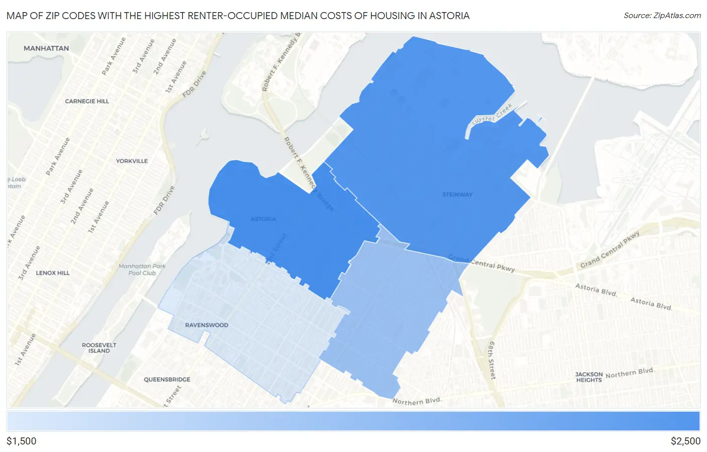 Zip Codes with the Highest Renter-Occupied Median Costs of Housing in Astoria Map