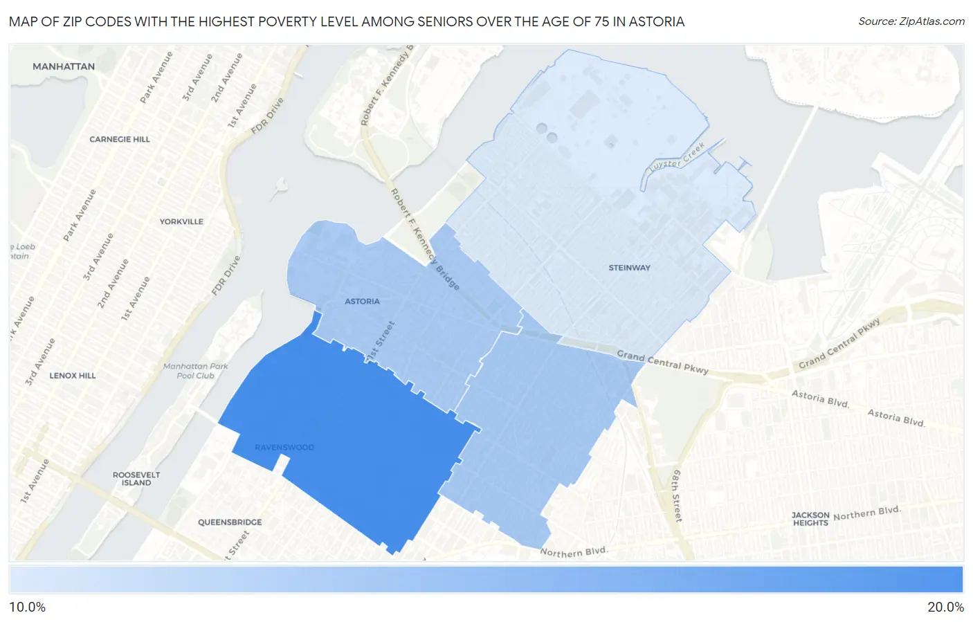 Zip Codes with the Highest Poverty Level Among Seniors Over the Age of 75 in Astoria Map