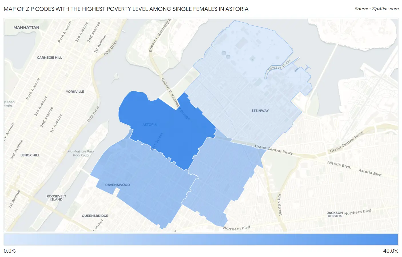 Zip Codes with the Highest Poverty Level Among Single Females in Astoria Map