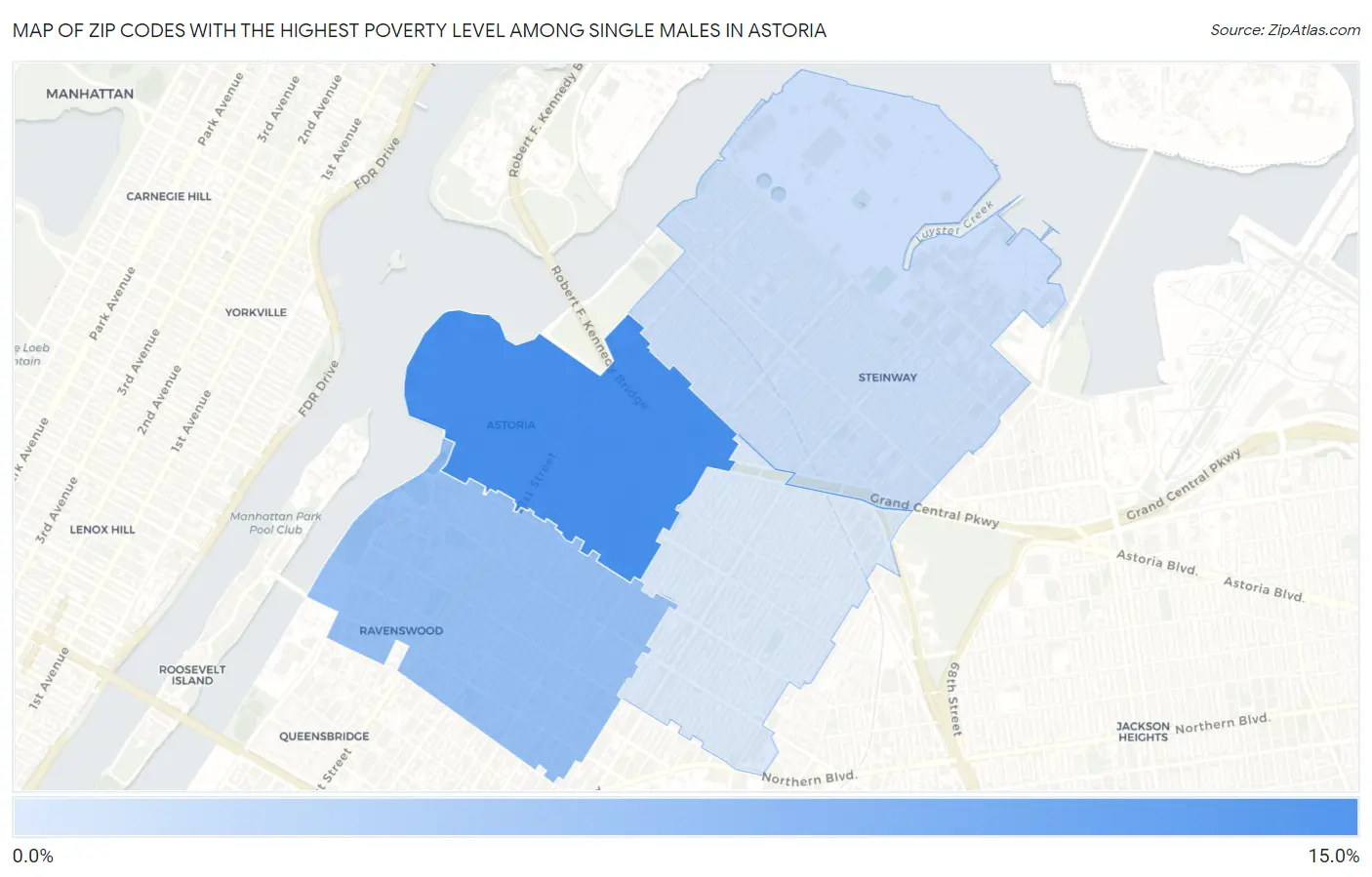 Zip Codes with the Highest Poverty Level Among Single Males in Astoria Map