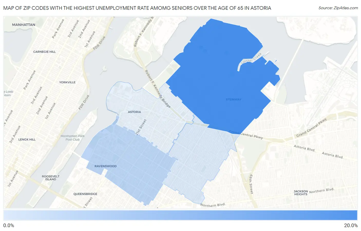 Zip Codes with the Highest Unemployment Rate Amomg Seniors Over the Age of 65 in Astoria Map