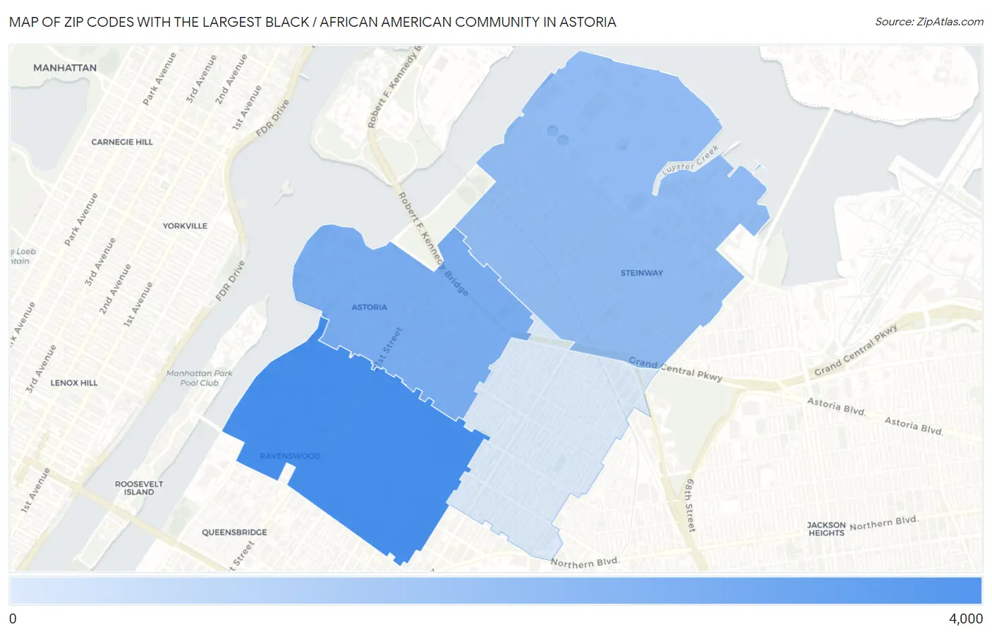 Zip Codes with the Largest Black / African American Community in Astoria Map
