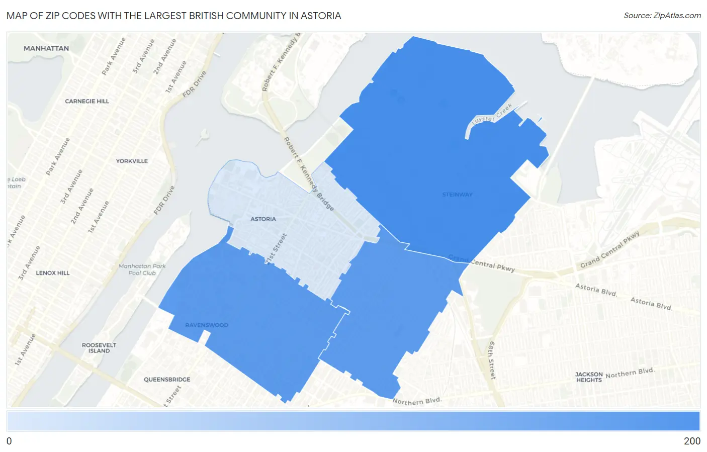 Zip Codes with the Largest British Community in Astoria Map