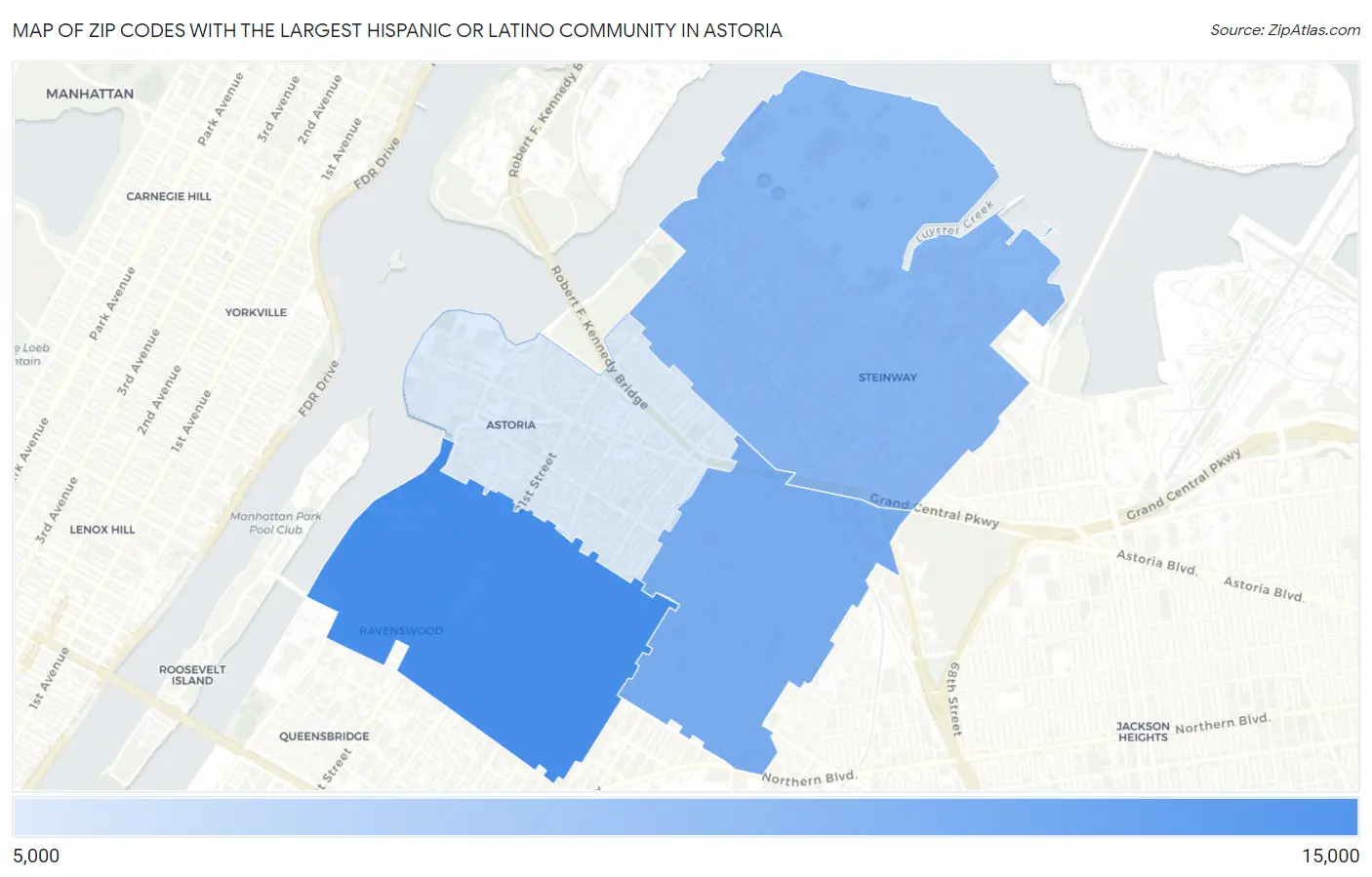 Zip Codes with the Largest Hispanic or Latino Community in Astoria Map