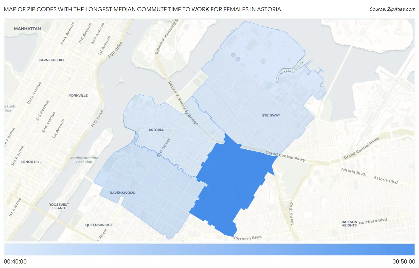 Zip Codes with the Longest Median Commute Time to Work for Females in Astoria Map