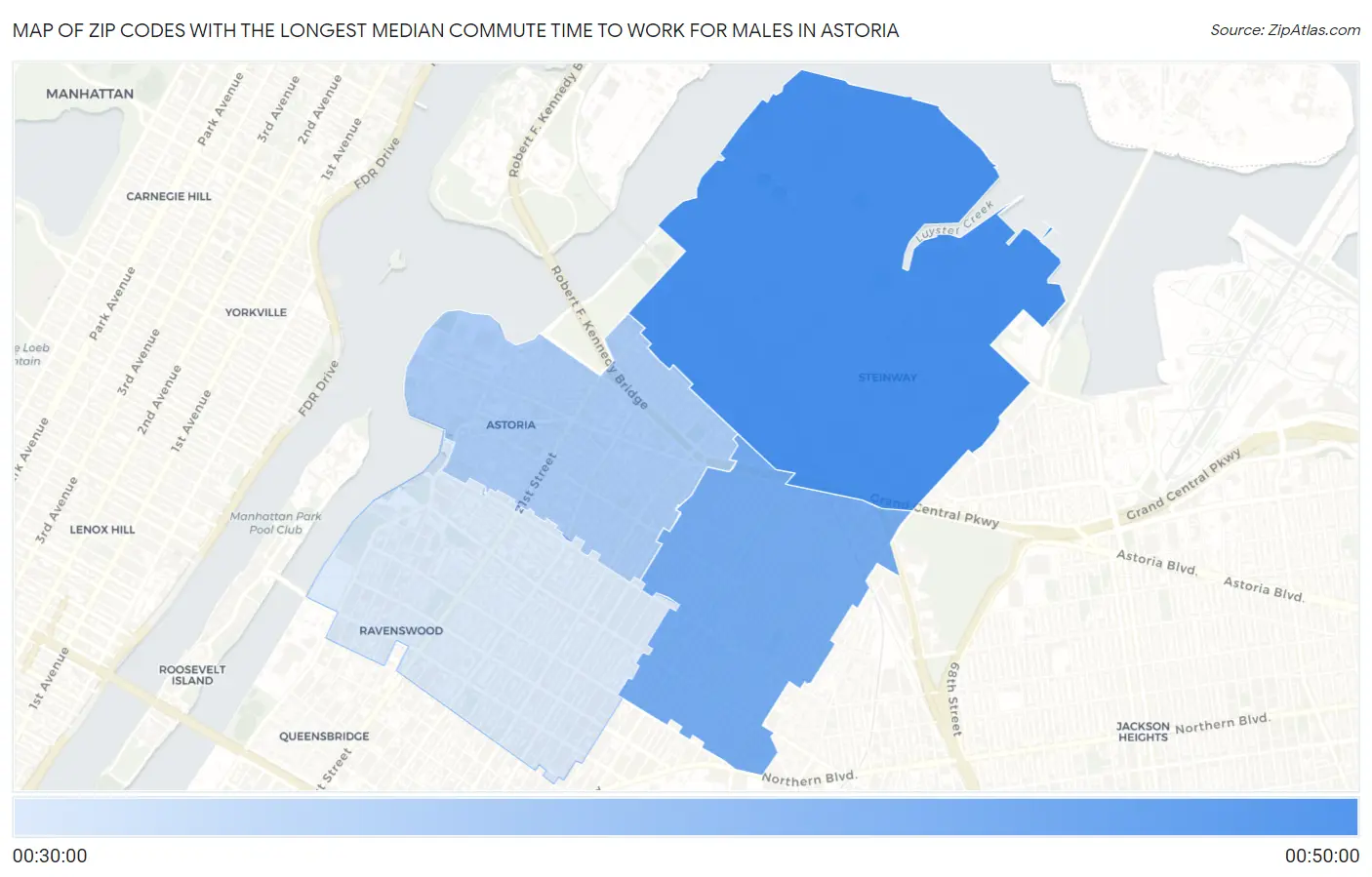 Zip Codes with the Longest Median Commute Time to Work for Males in Astoria Map